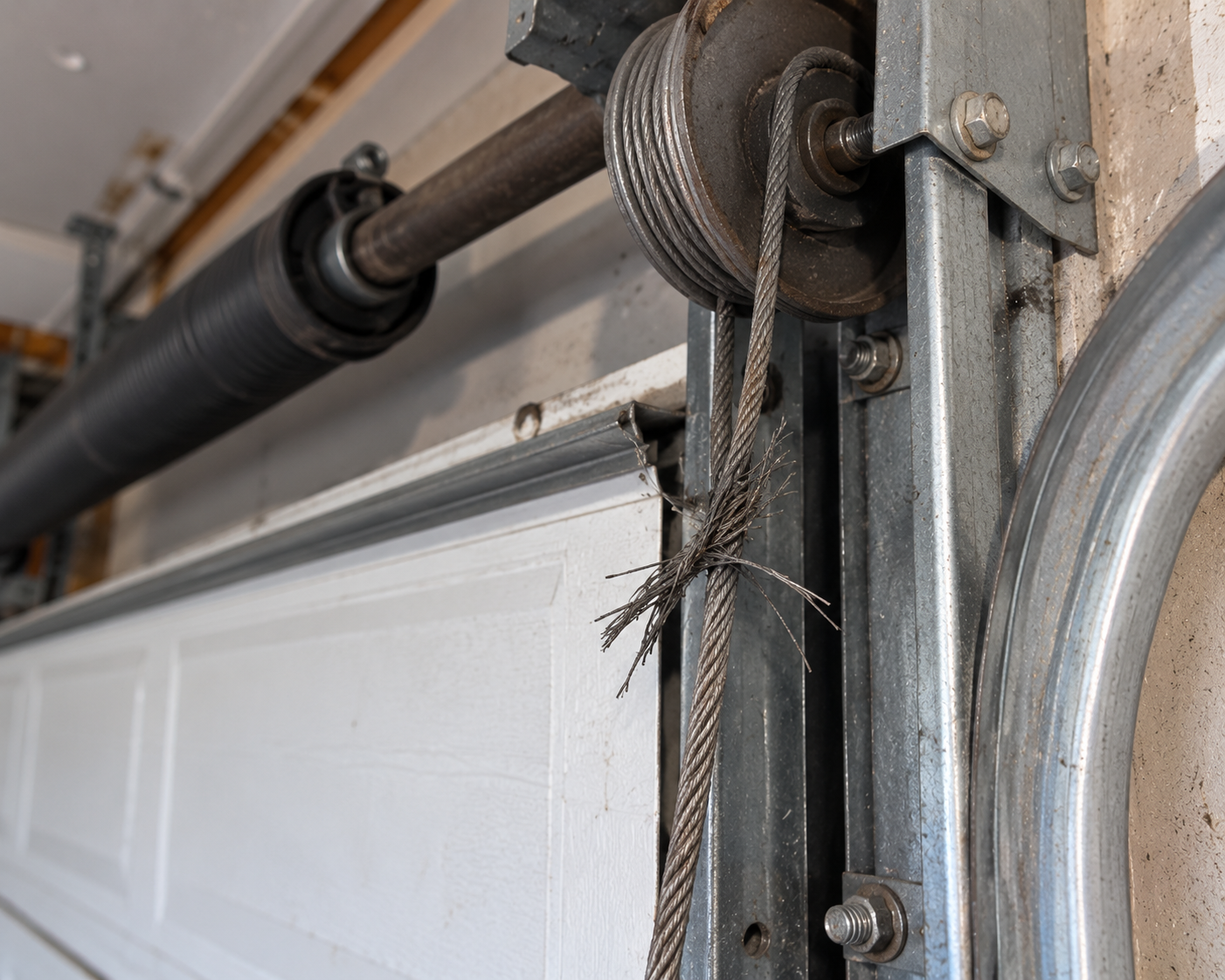 Frayed and damaged garage door cable requiring professional repair in Chicago, IL.