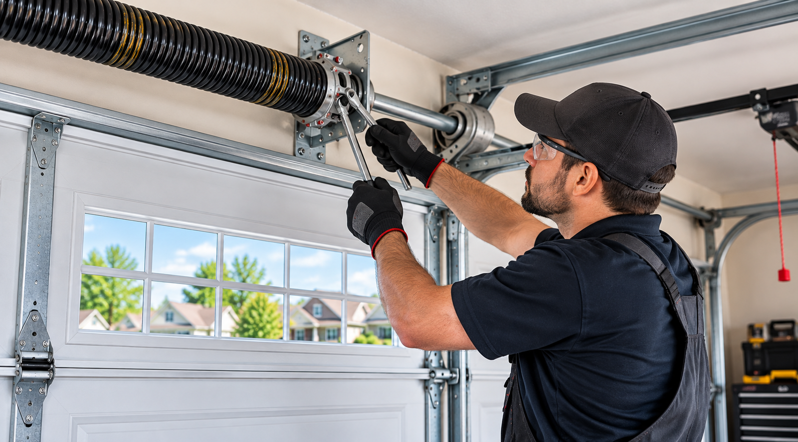 Professional technician repairing a broken garage door torsion spring in Chicago