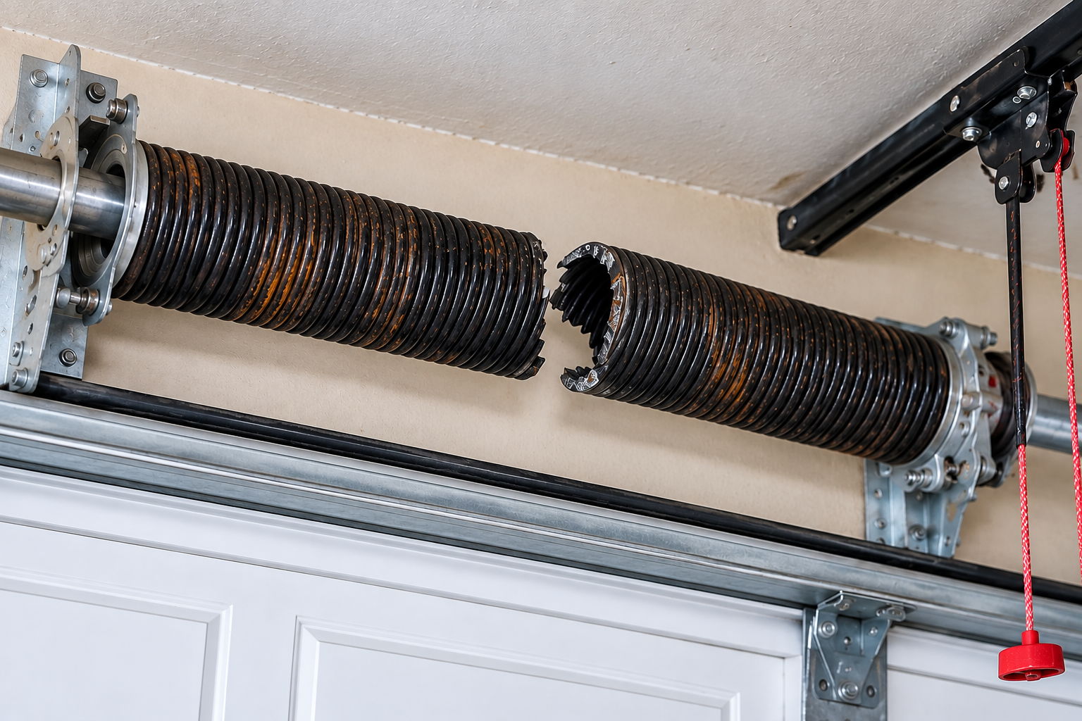 broken-garage-door-torsion-spring-chicago Broken garage door torsion spring requiring professional repair in Chicago