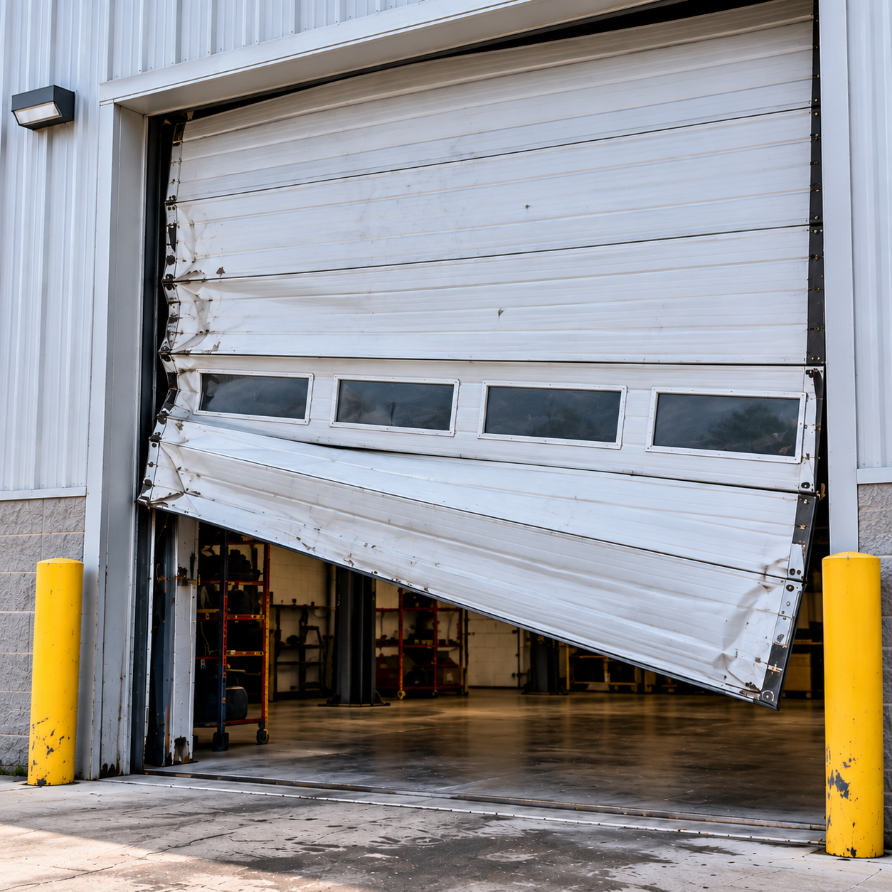 Commercial garage door repair technician servicing an overhead door in Chicago