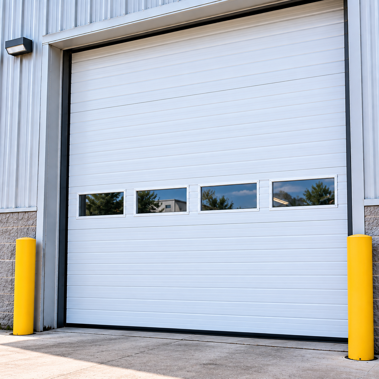 Commercial garage door repair technician servicing an overhead door in Chicago
