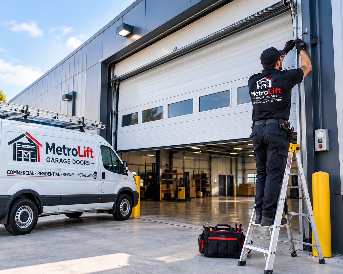 Commercial garage door repair technician servicing an overhead door in Chicago