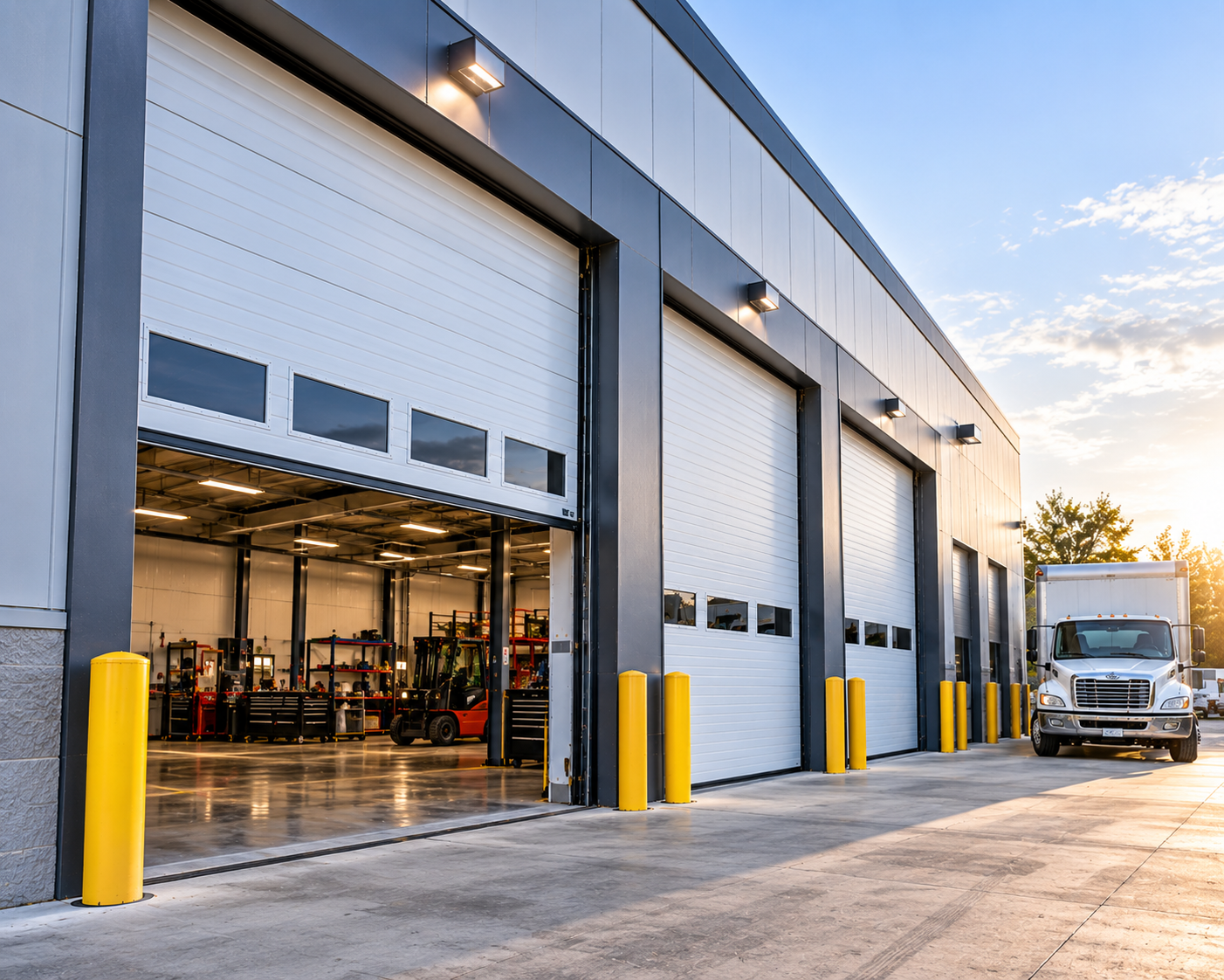 Commercial garage door repair technician servicing an overhead door in Chicago
