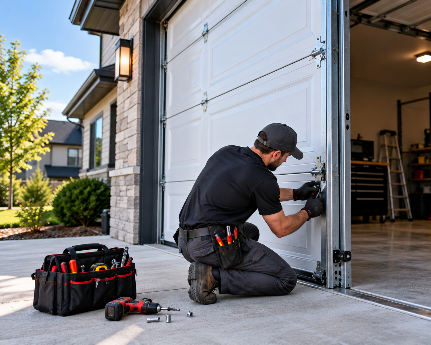Commercial garage door repair technician servicing an overhead door in Chicago