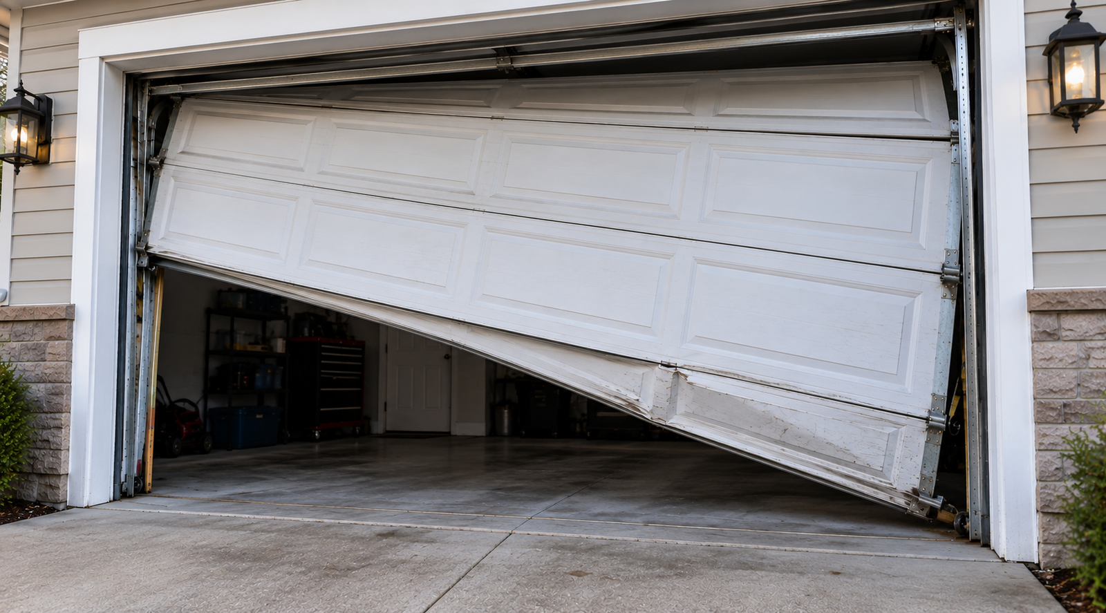Emergency garage door repair technician servicing a damaged garage door in Chicago
