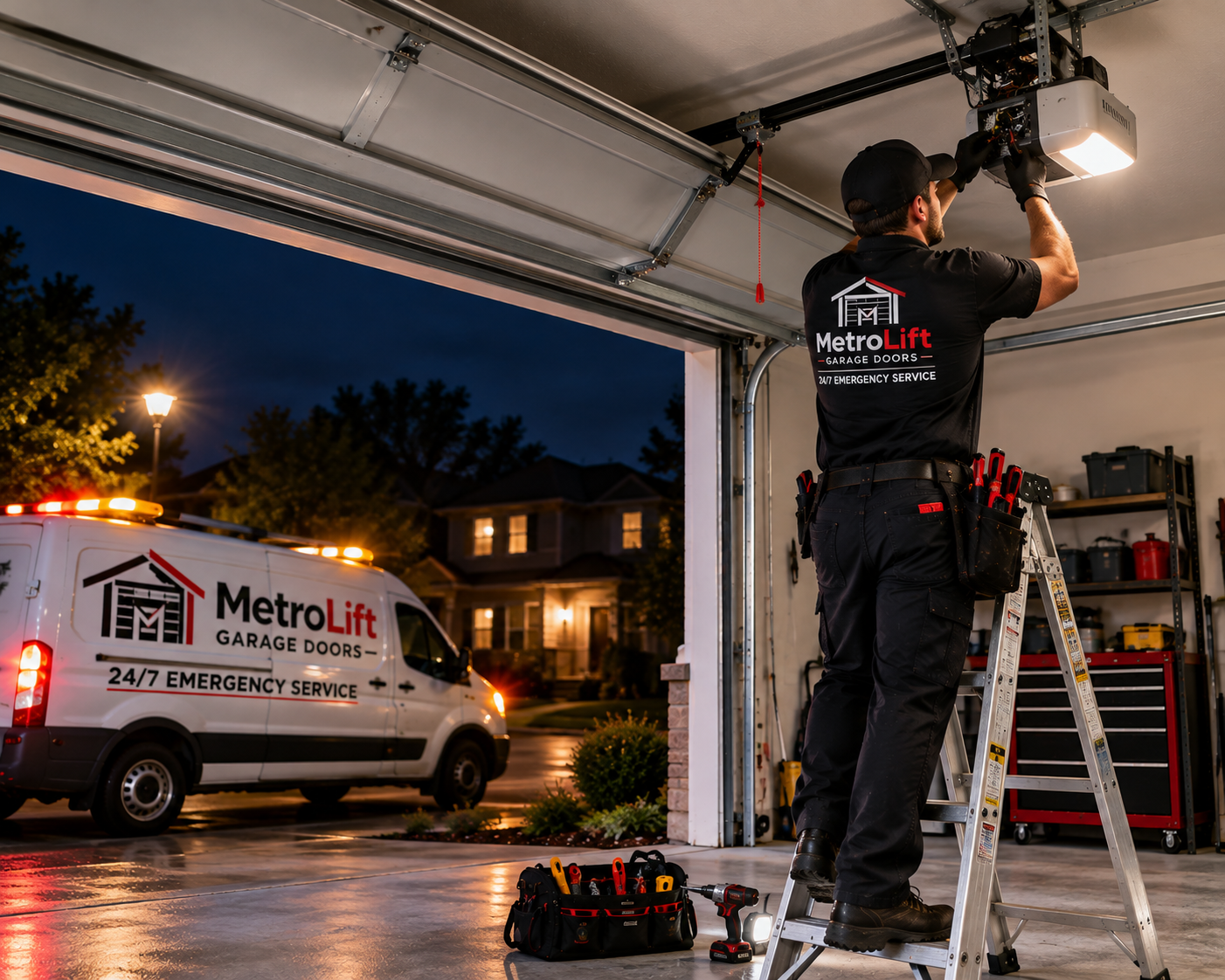 Emergency garage door repair technician servicing a damaged garage door in Chicago