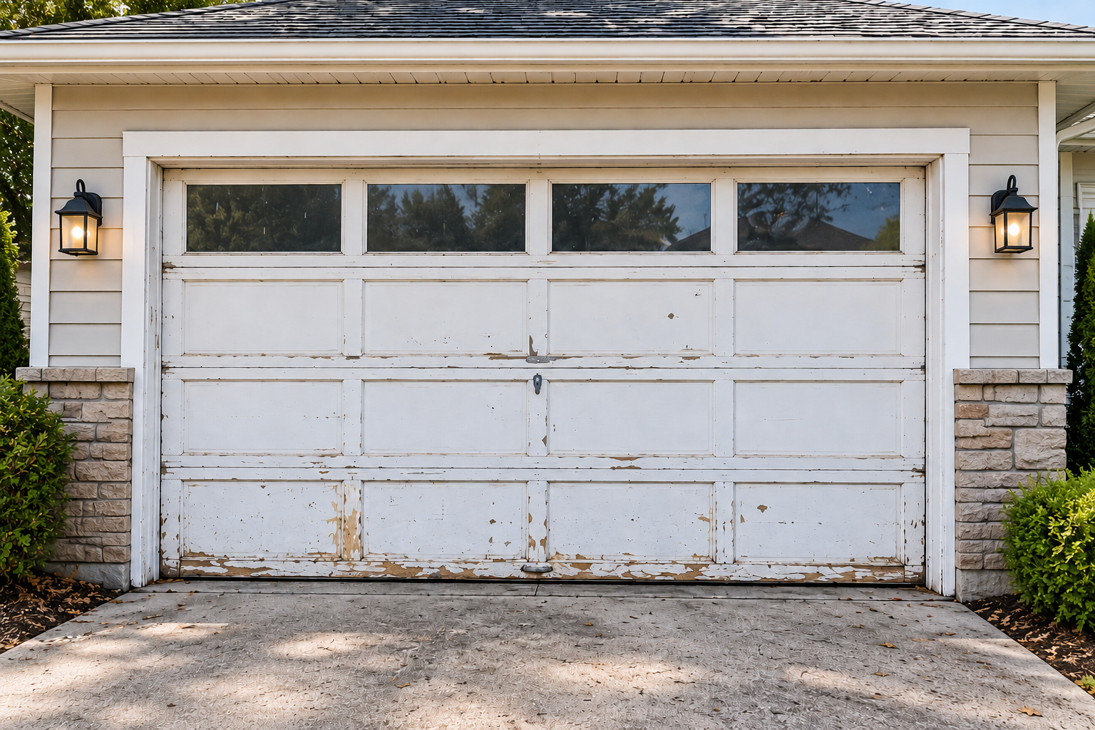 Old garage door before professional garage door installation and replacement in Chicago