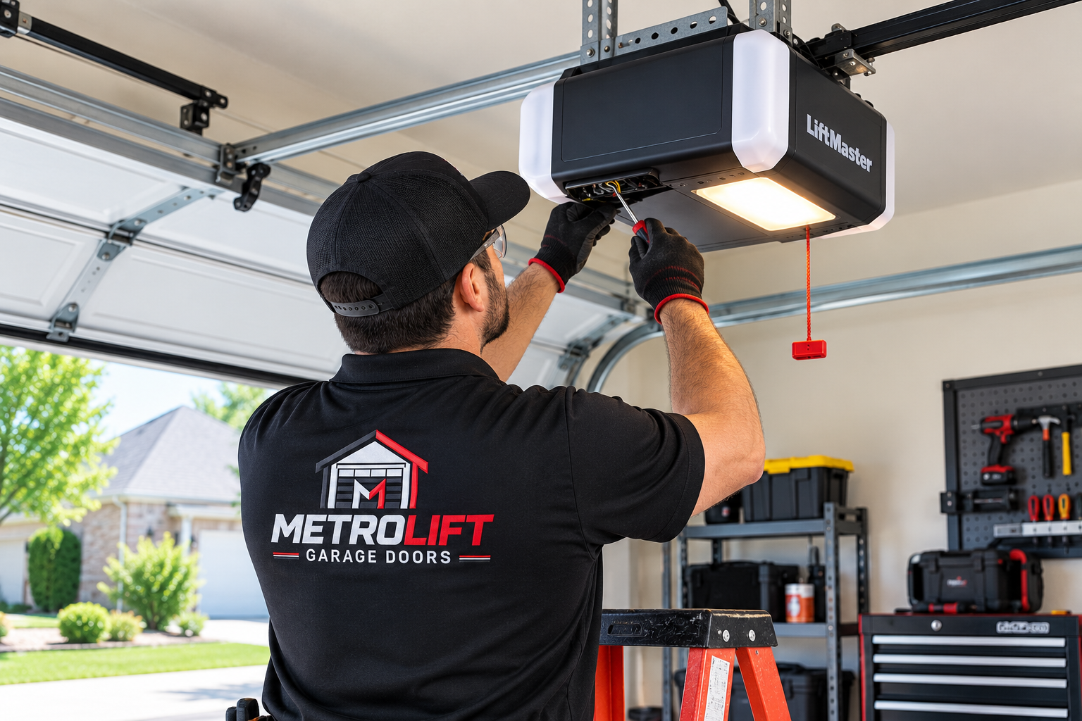 Professional technician repairing a garage door opener in a residential garage in Chicago
