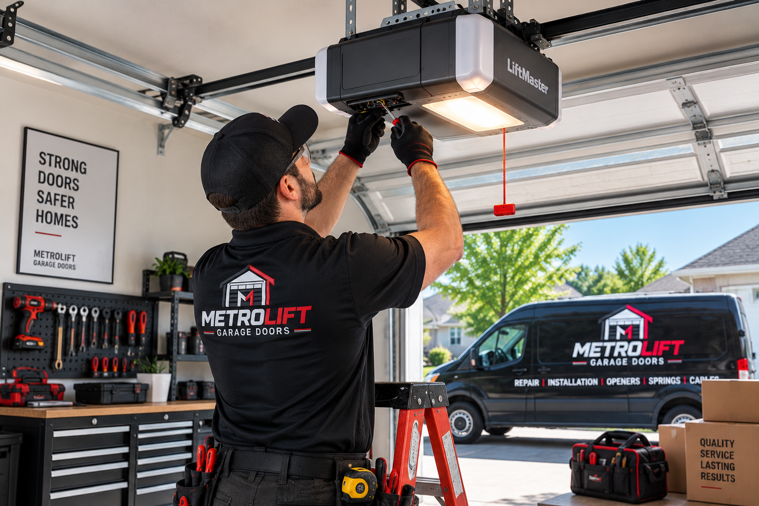 Professional technician repairing a garage door opener in a residential garage in Chicago
