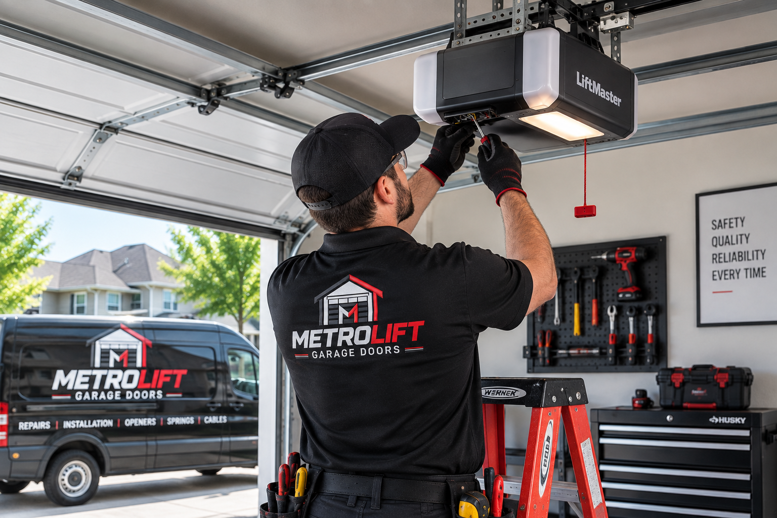Professional technician repairing a garage door opener in a residential garage in Chicago