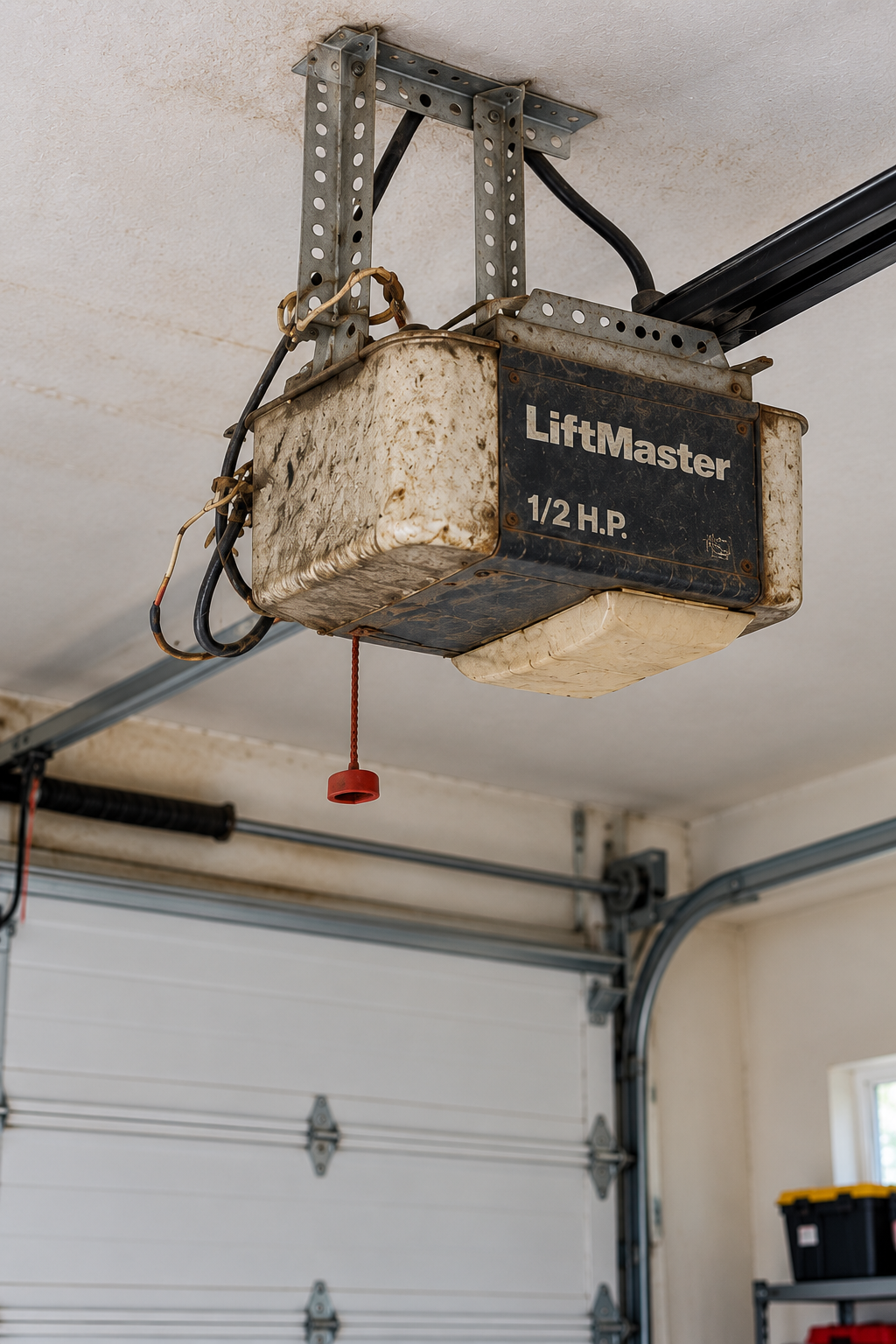 Professional technician repairing a garage door opener in a residential garage in Chicago, IL