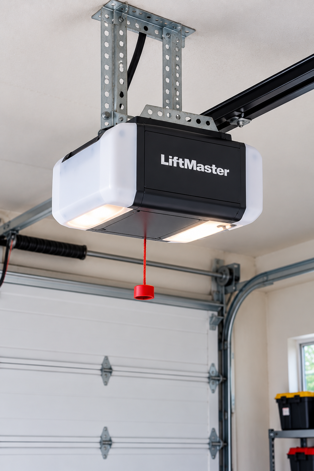 Professional technician repairing a garage door opener in a residential garage in Chicago, IL