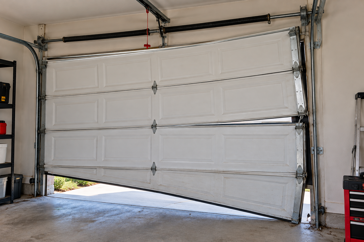 Garage door technician repairing an off-track garage door in Chicago