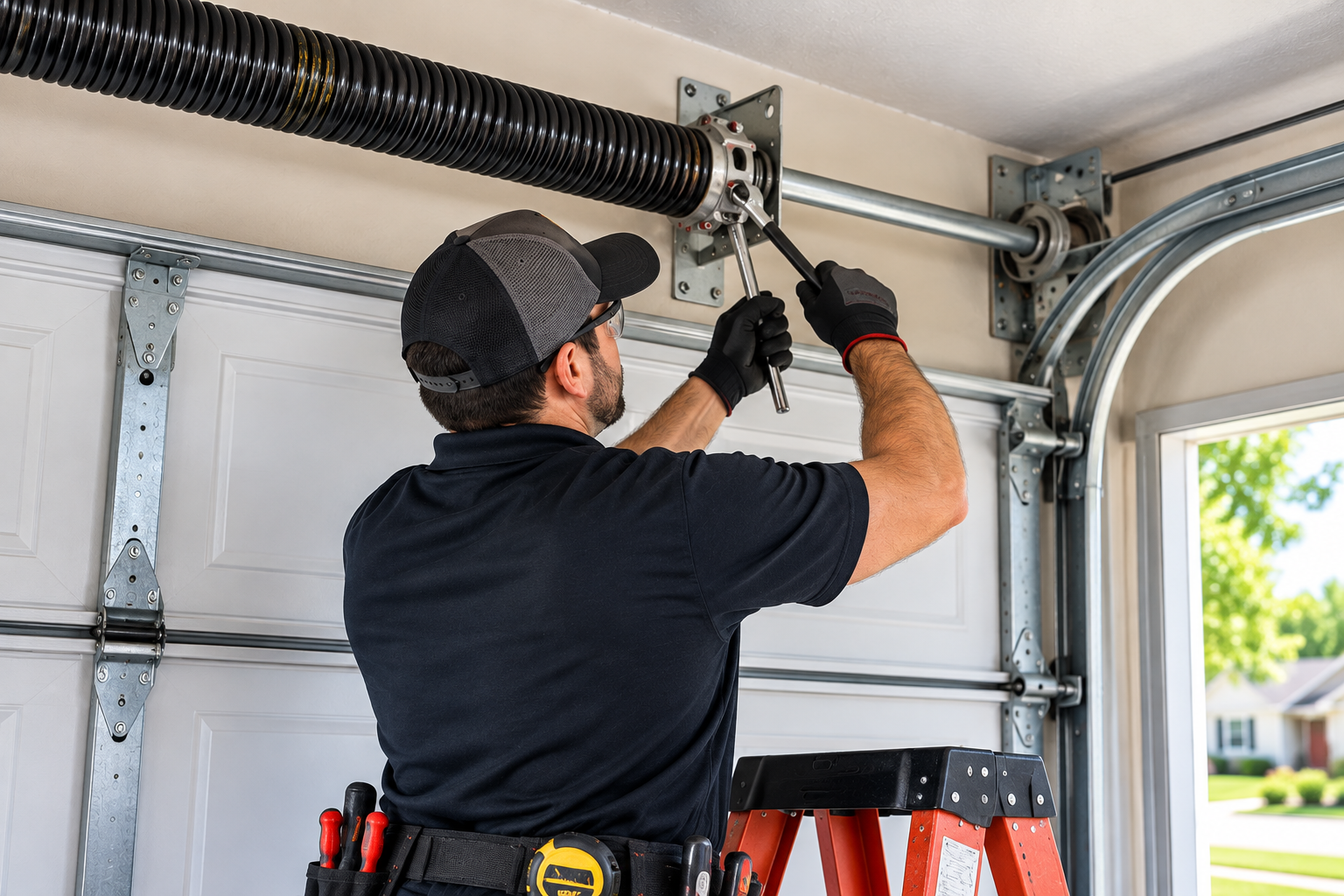 Professional technician repairing a garage door torsion spring in Chicago