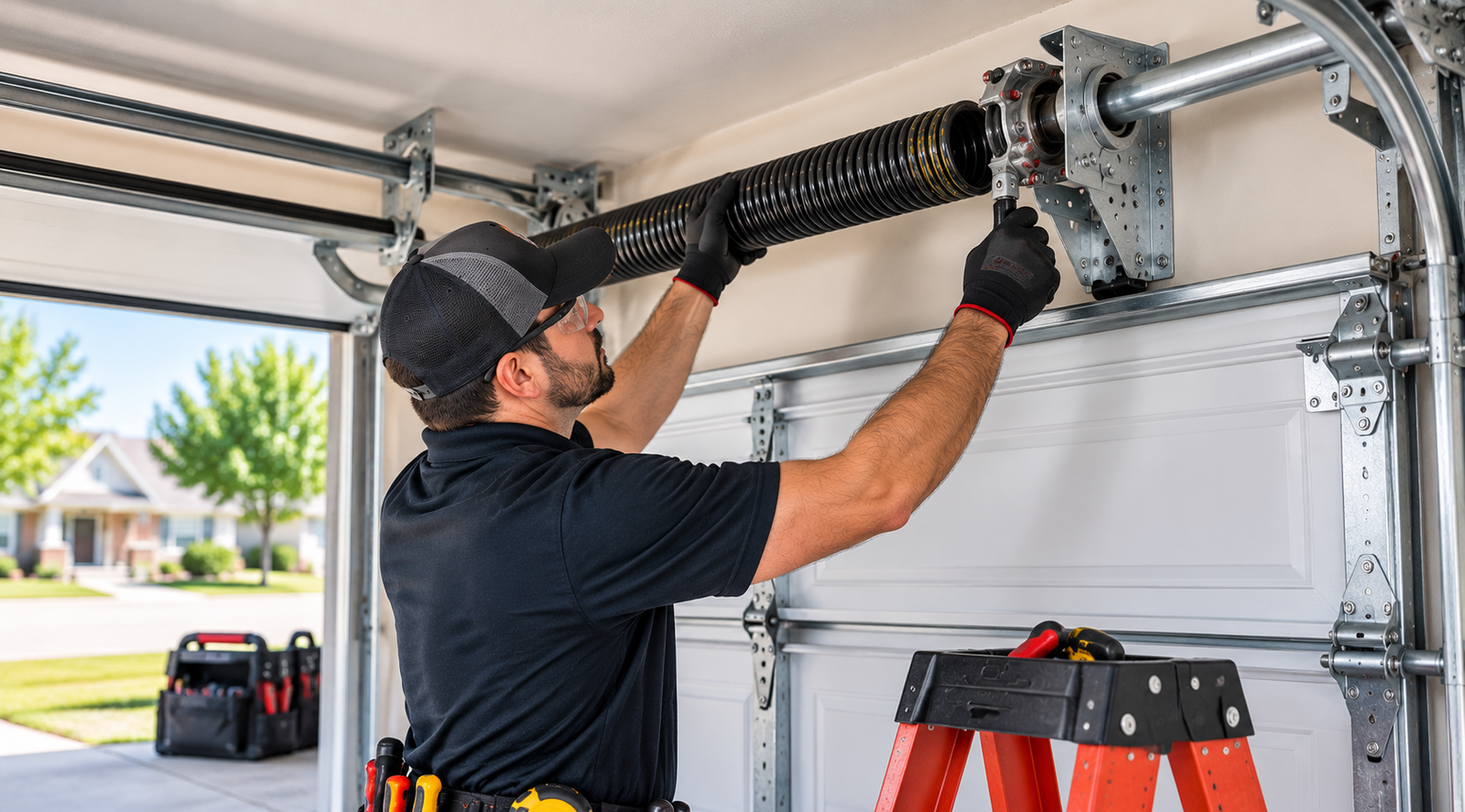 Garage door technician replacing a torsion spring for a residential garage door in Chicago