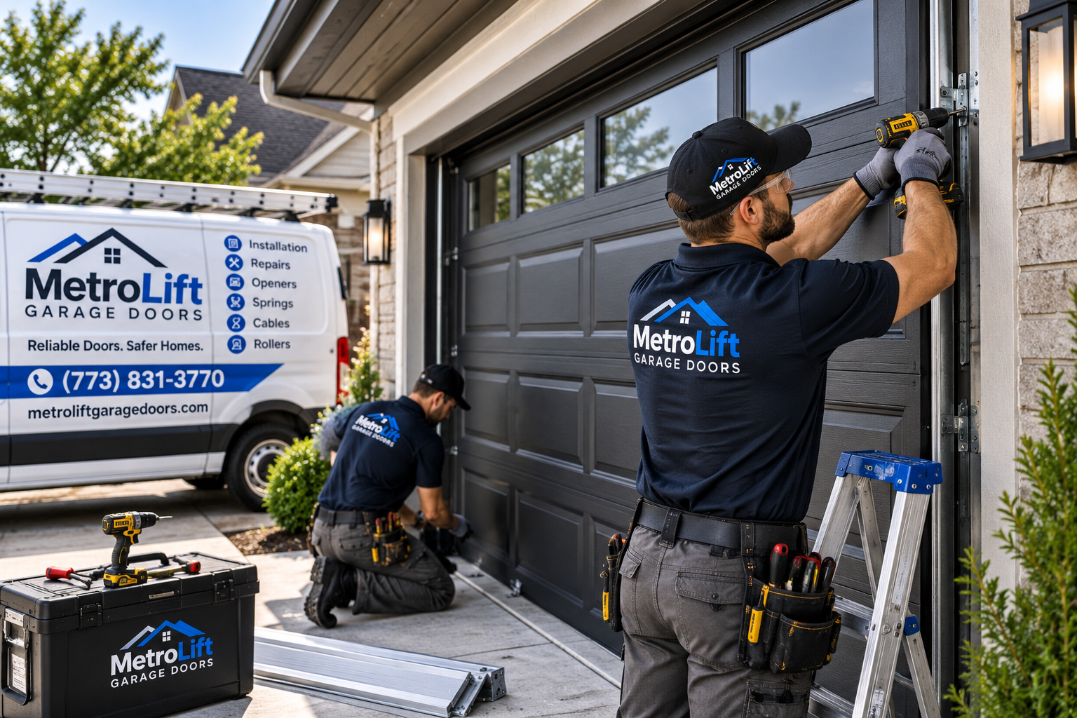 Professional garage door installation technicians installing a modern garage door in Chicago