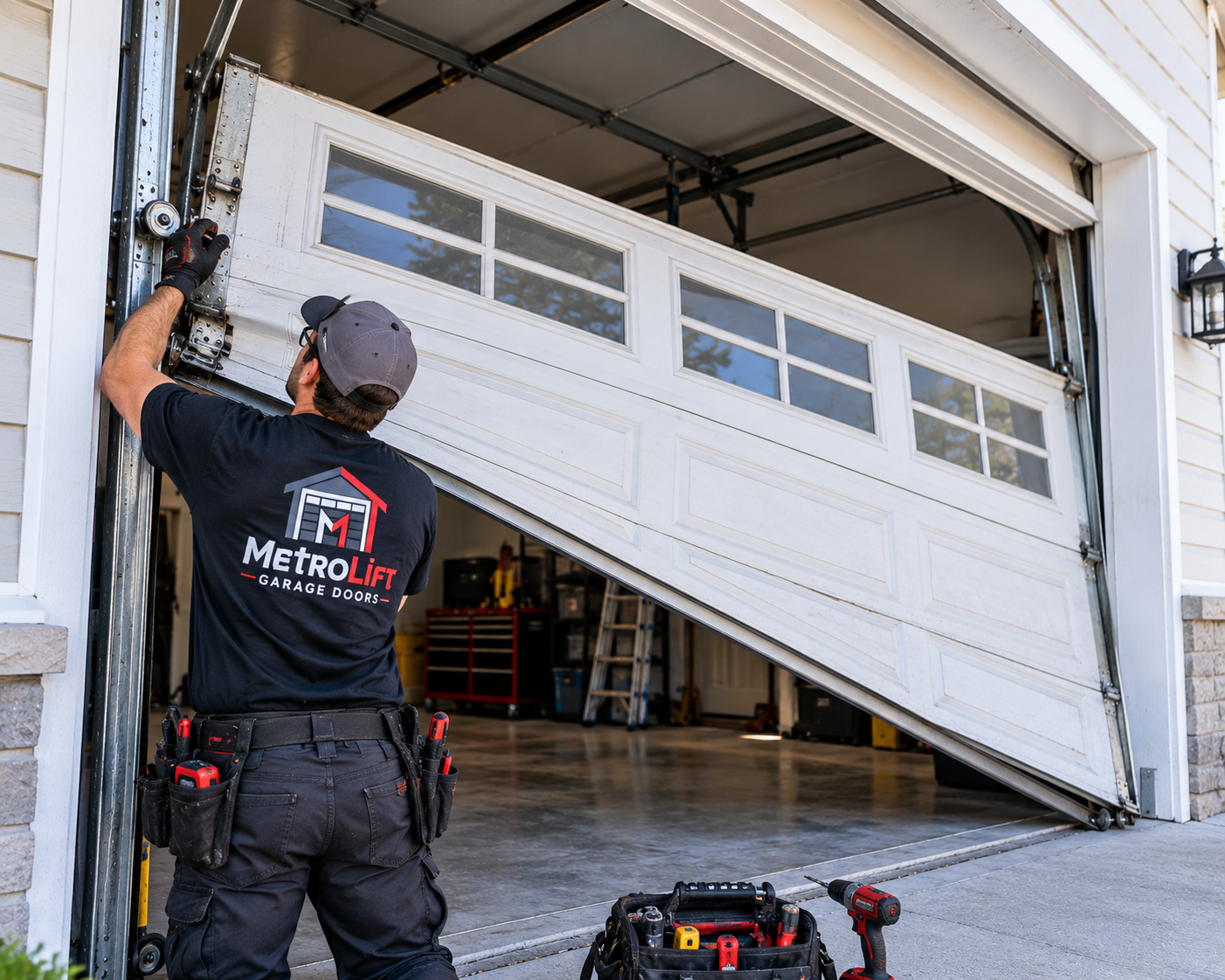 Garage door technician repairing an off-track garage door in Chicago