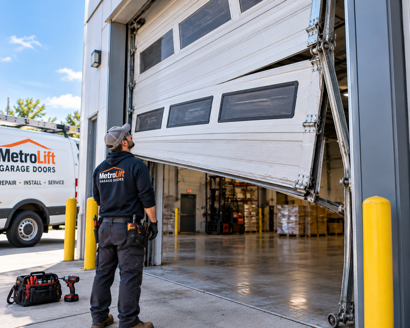 Off-track garage door with damaged track and rollers in Chicago