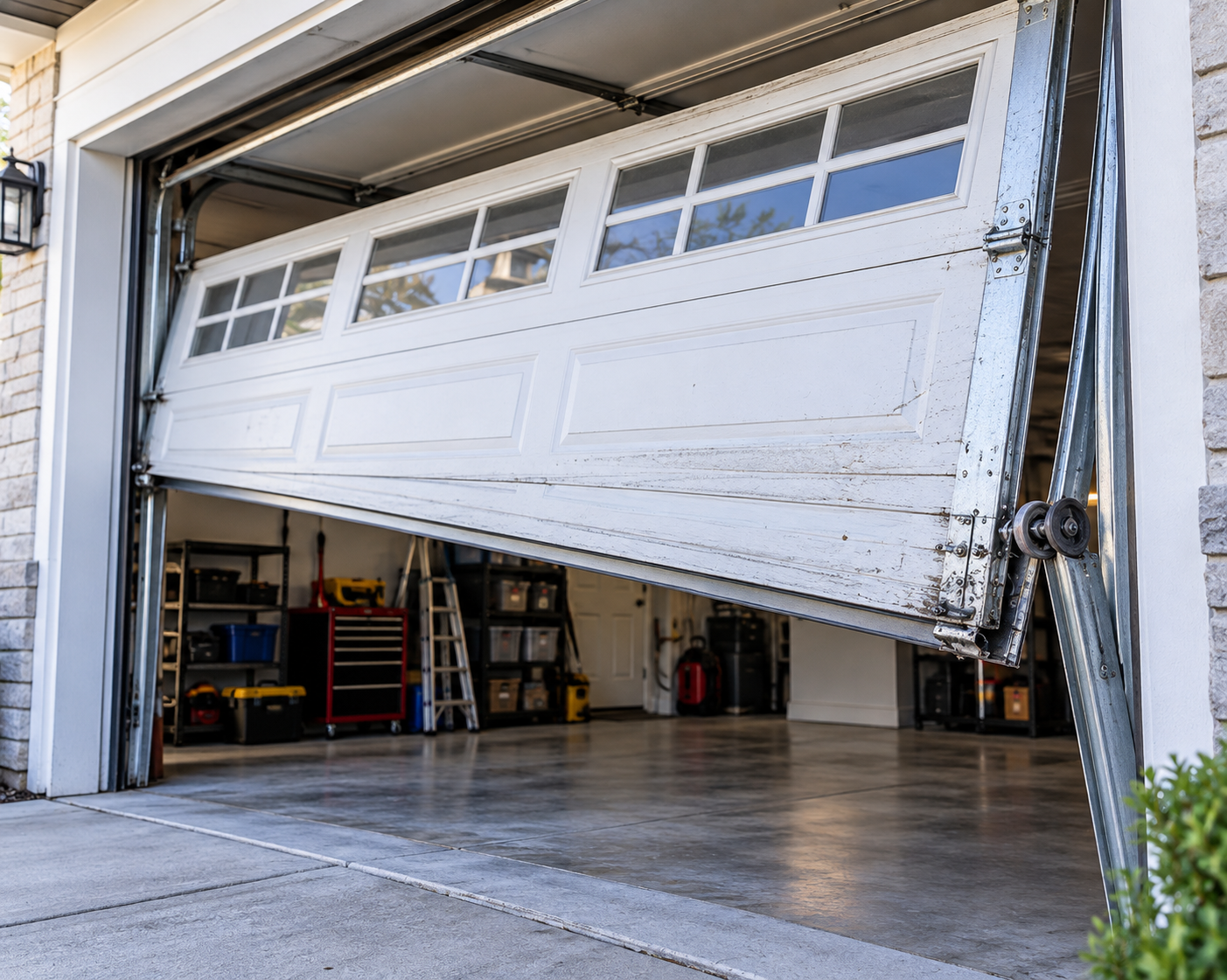 Garage door technician repairing an off-track garage door in Chicago