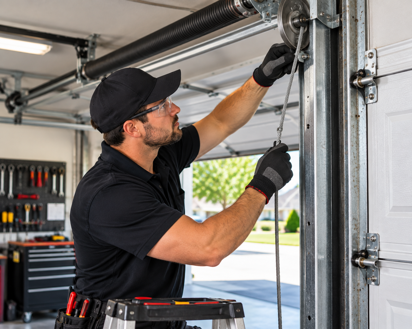 Technician installing a new garage door cable for safe and reliable operation in Chicago