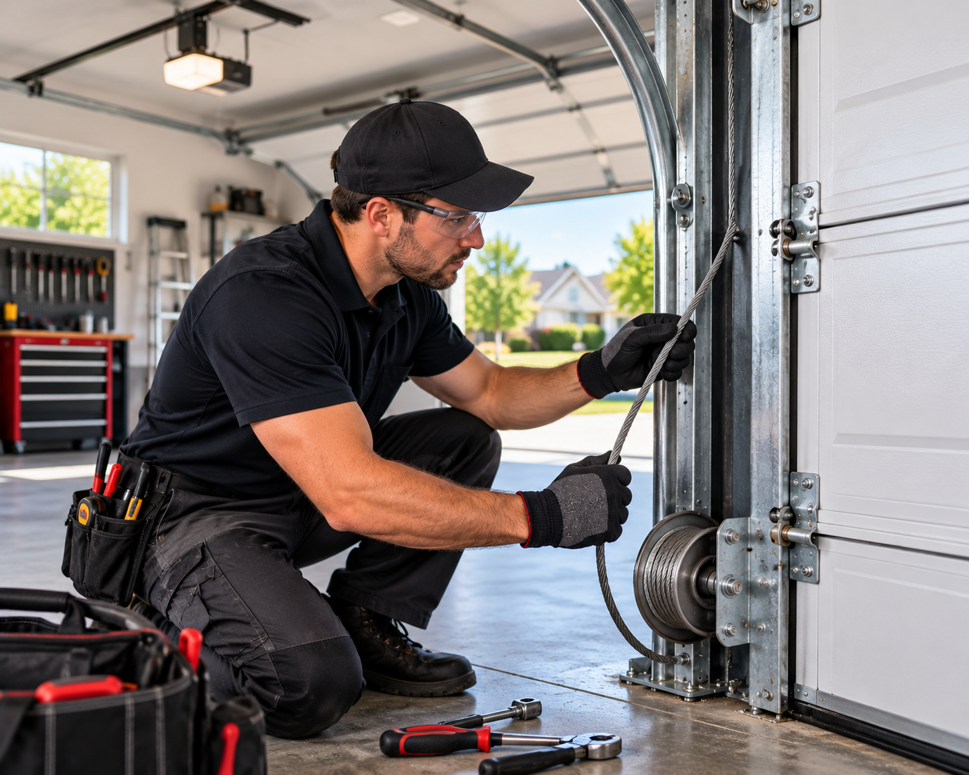 Technician installing a new garage door cable for safe and reliable operation in Chicago
